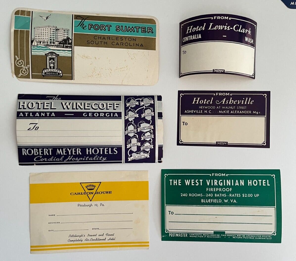 Luggage label lot Hotel Carlton House, Winecoff, Lewis Clark, Fort Sumter - USA