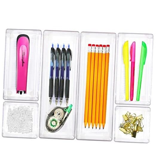 Clear Drawer Organizer for Office Bin Desk Storage, Assorted Size, 6 Packs