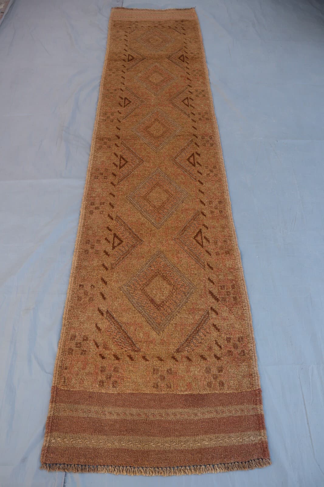 1x8 Warm Earth-Tone Afghan Wool Runner – Tribal Geometric Design with Diamond.
