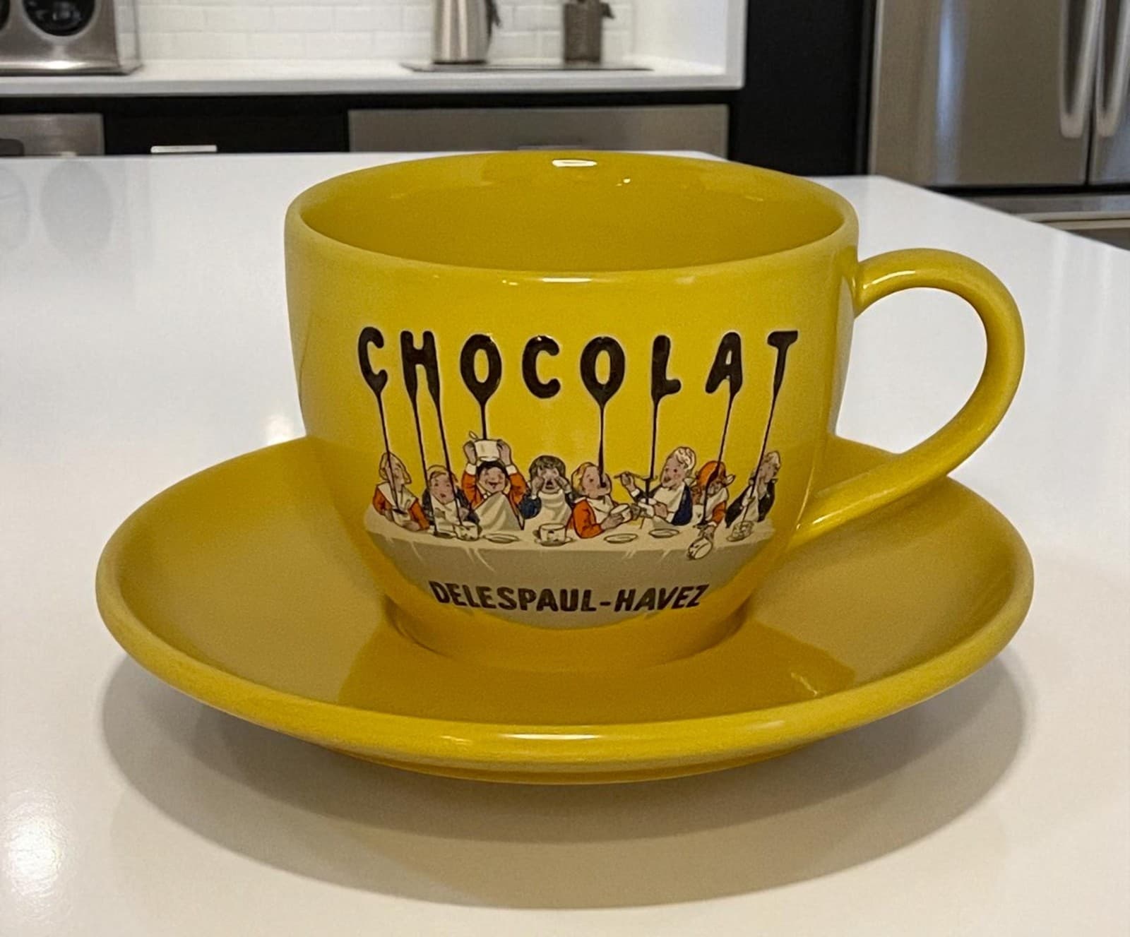 French Delespaul-Havez Jars CHOCOLAT Jumbo Cup and Saucer Set Yellow