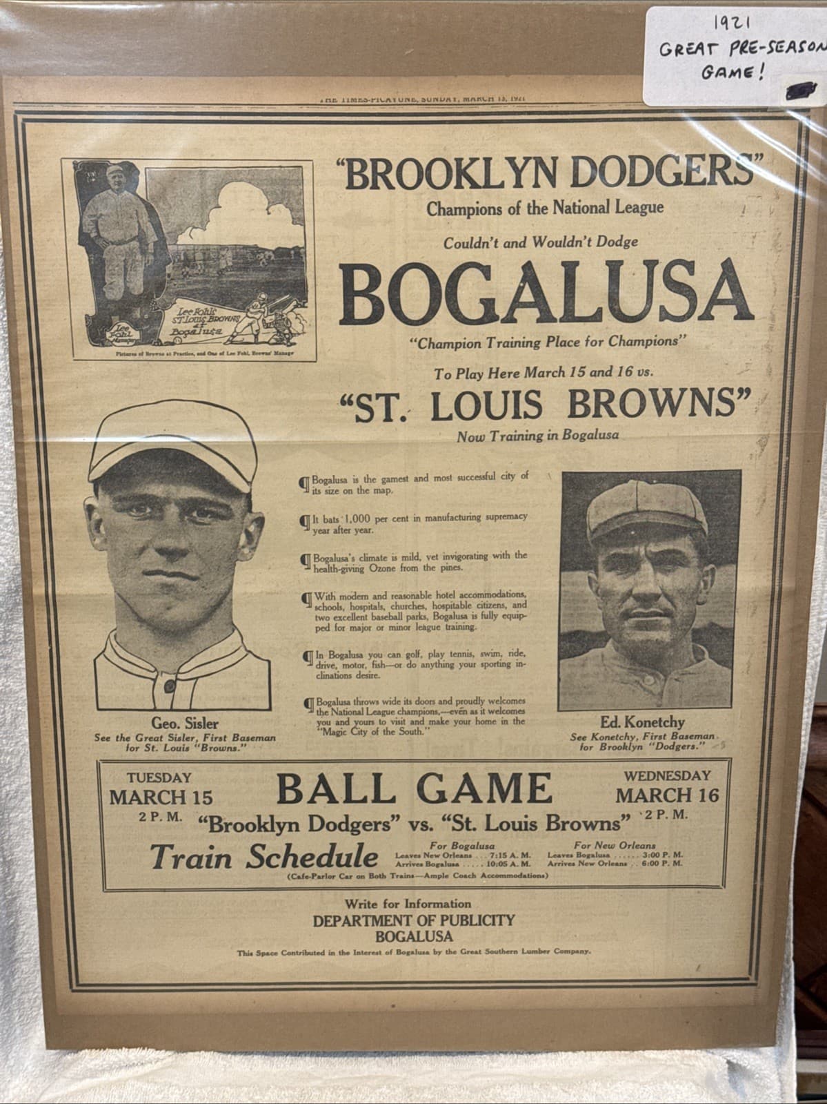 RARE 3-13-1921 Brooklyn Dodgers vs. St. Louis Browns Paper, George Sisler, WOW!!