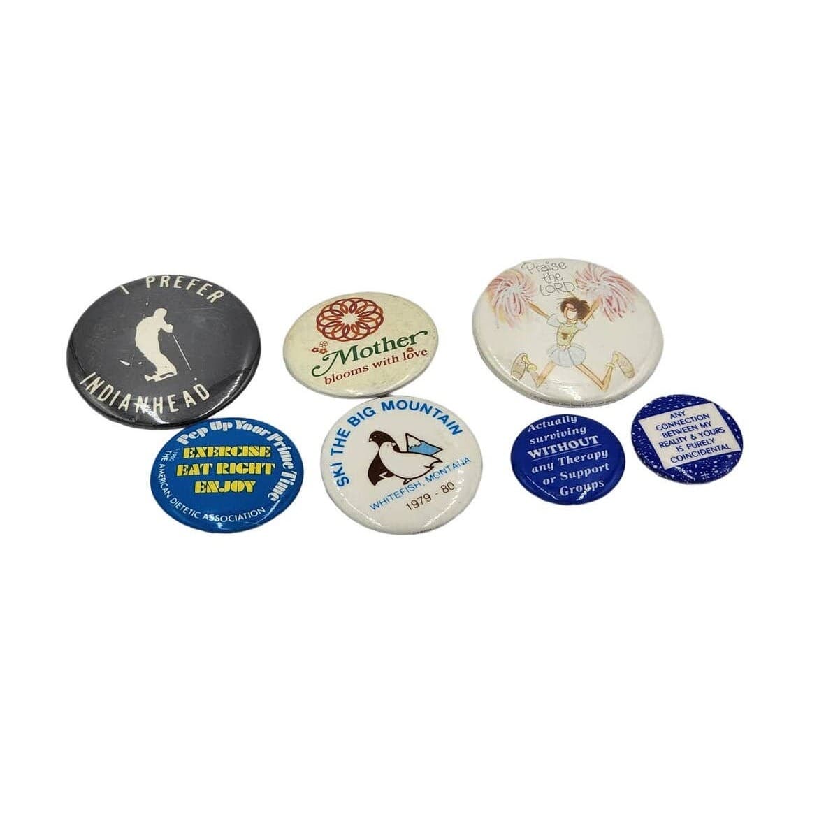 Vintage Buttons Lot 7 Praise Lord IndianHead Therapy Big Mountain Pins Pinback
