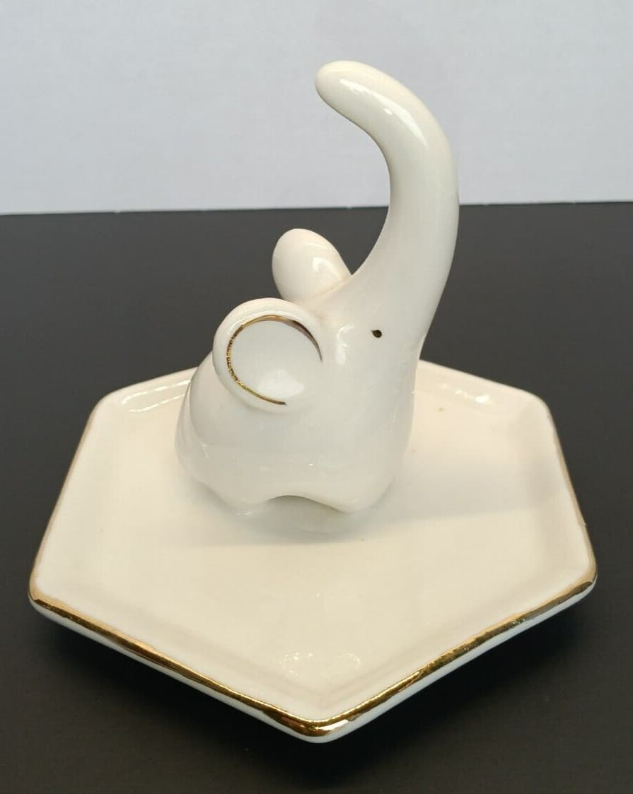 Elephant Ring Holder Porcelain White and Gold Trim