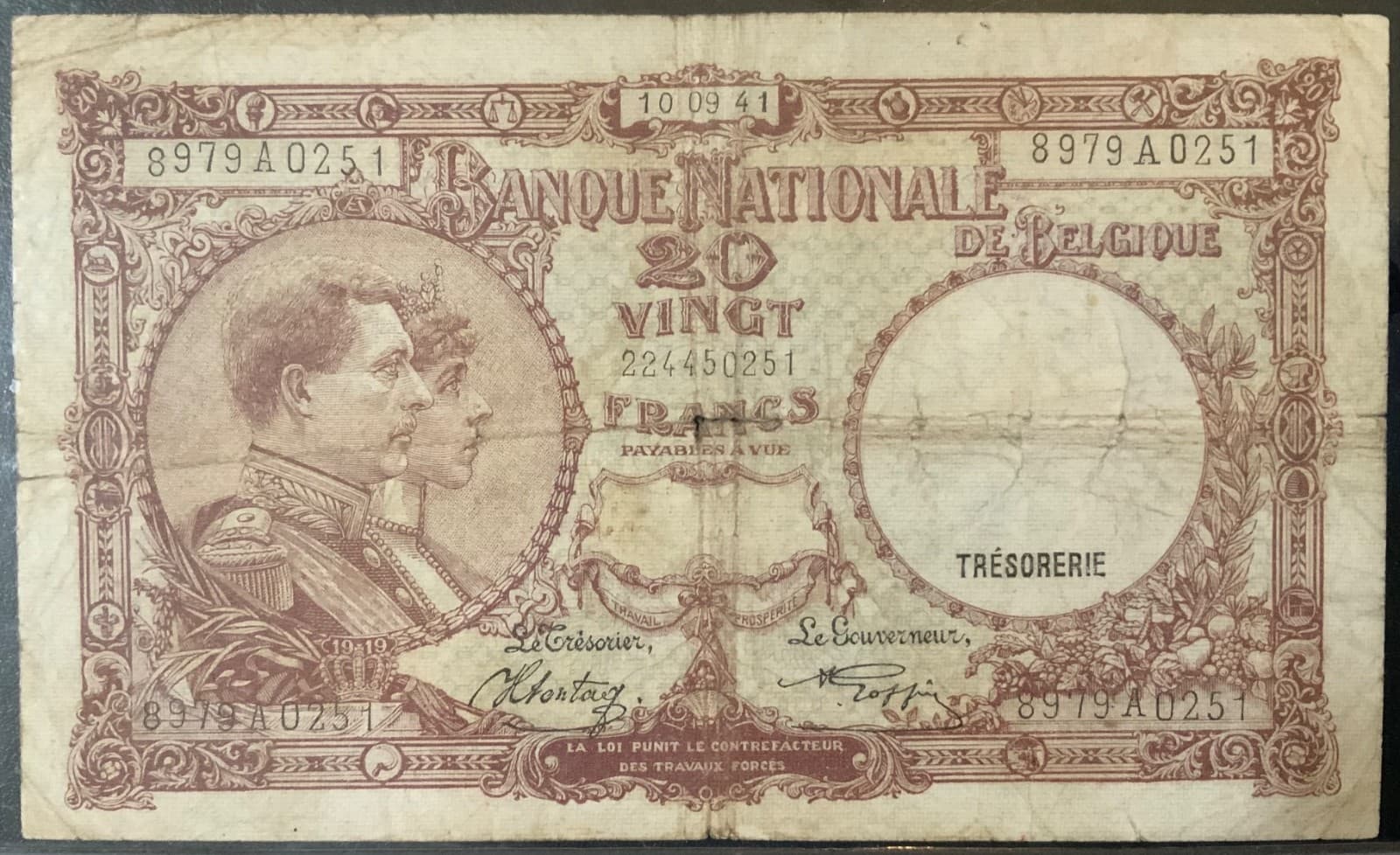 1941 BELGIUM PAPER MONEY - 20 FRANCS BANKNOTE!