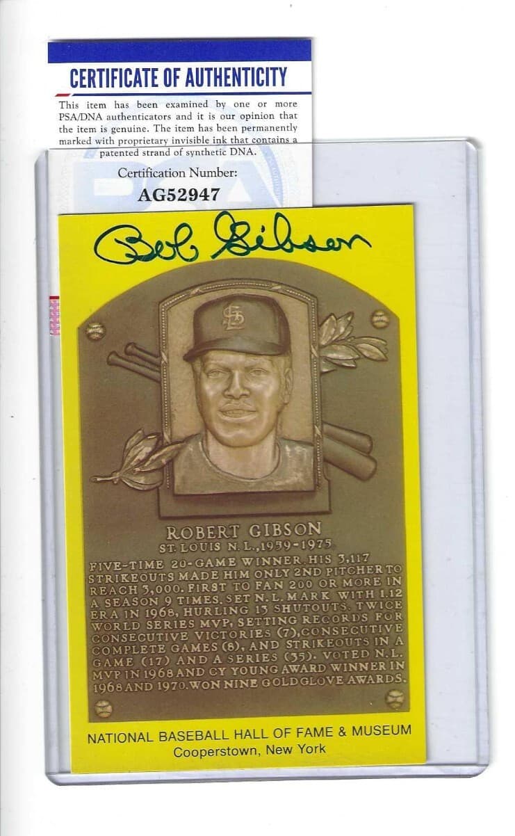 Bob Gibson Baseball HOF Autographed Plaque Postcard St Louis Cardinals PSA COA