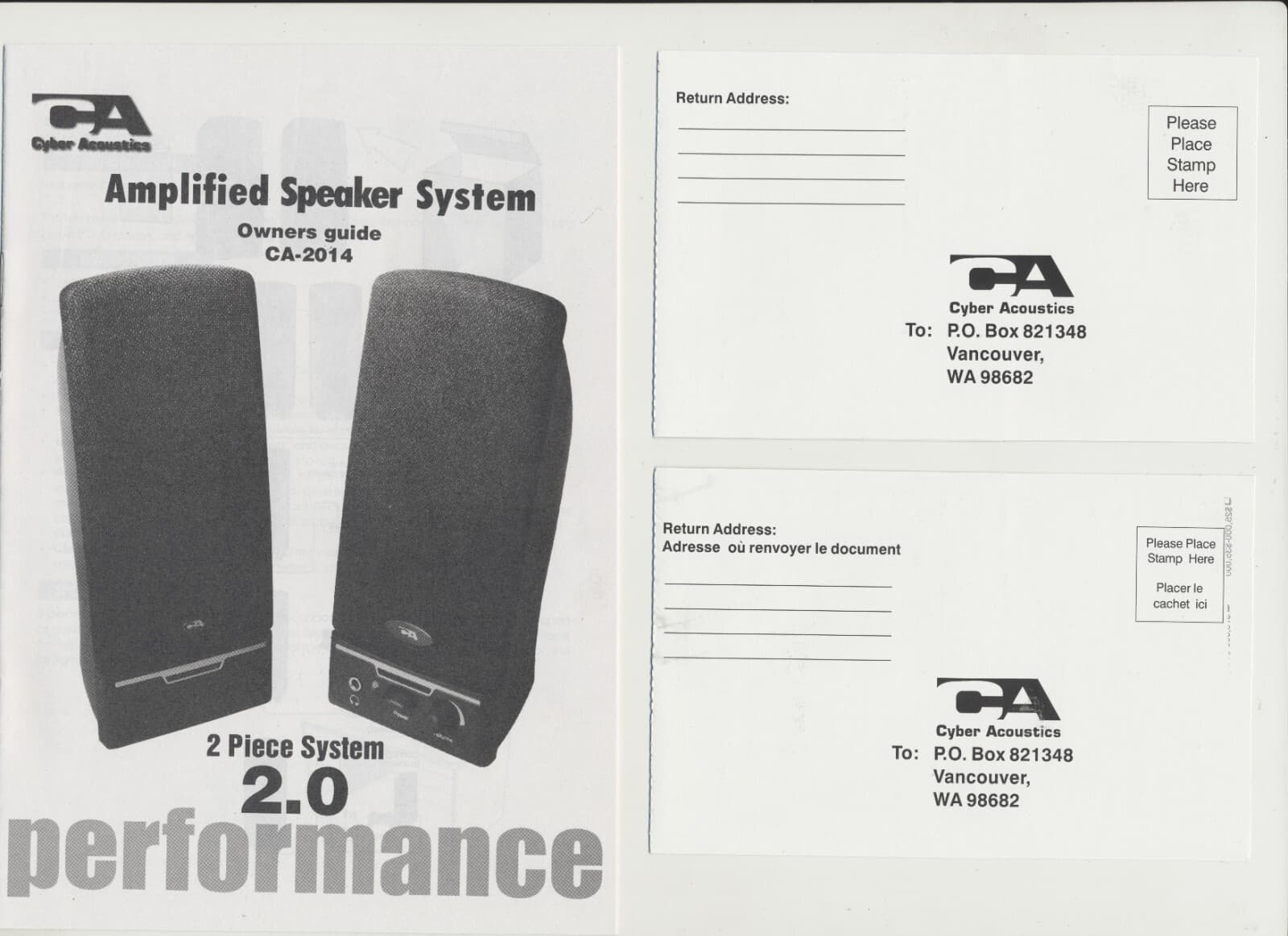 Cyber Acoustics CA-2014 Amplified Speaker System - Owner's Guide Only