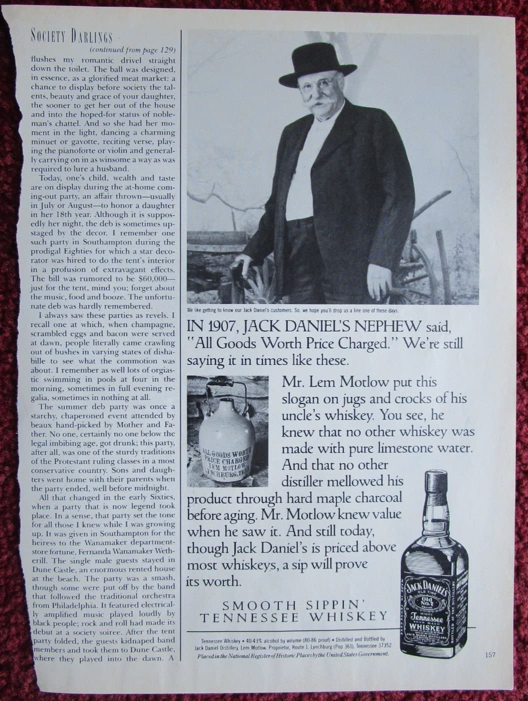 1973 JACK DANIEL'S Old No. 7 Tennessee Whiskey Print Ad ~ Lem Motlow, 1907 Jug