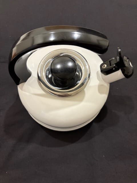 PERFECT Dansk Post Modern Bright White Tea Kettle Teapot Enamel w/Black Handle