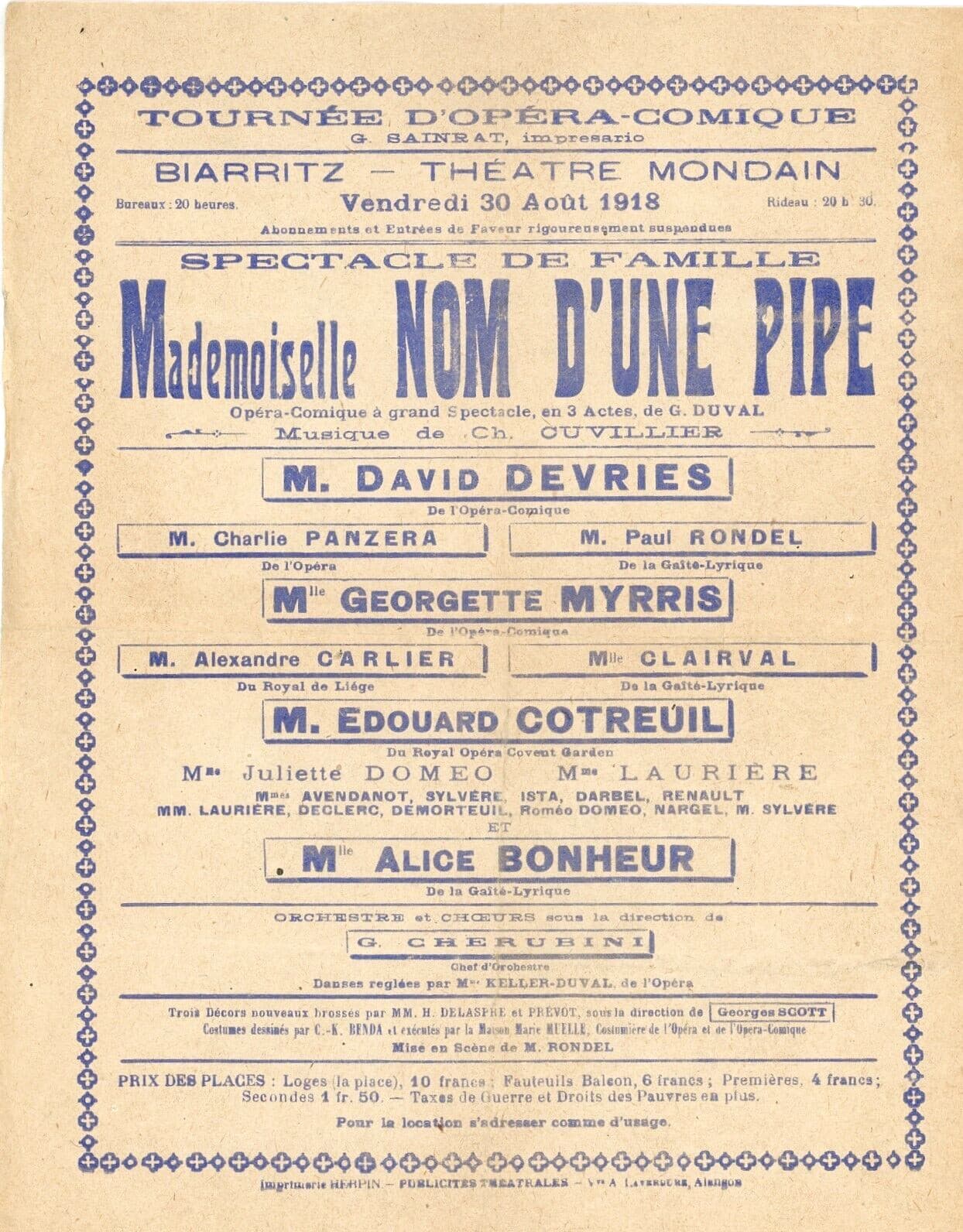 French Opera-Comique on Tour in Biarritz France orig 1918 Concert Poster