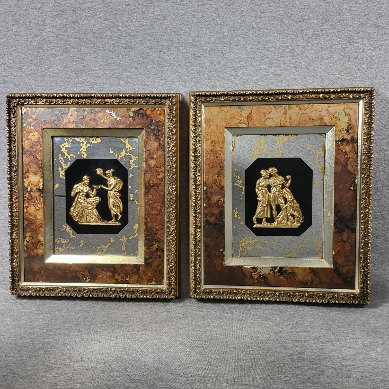 2 MCM Vintage Turner Wall Accessory Relief Plaques Gold Figures Antiqued Mirror