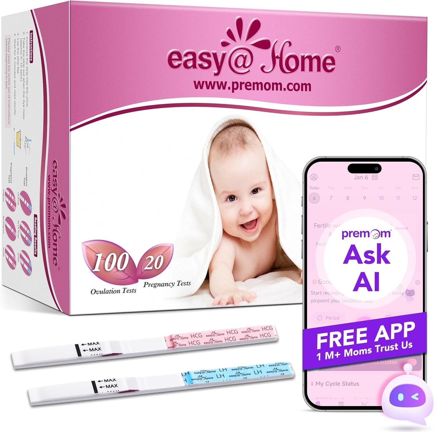 Easy@Home 100 Ovulation + 20 Pregnancy Test Strips – App-Enabled Kit