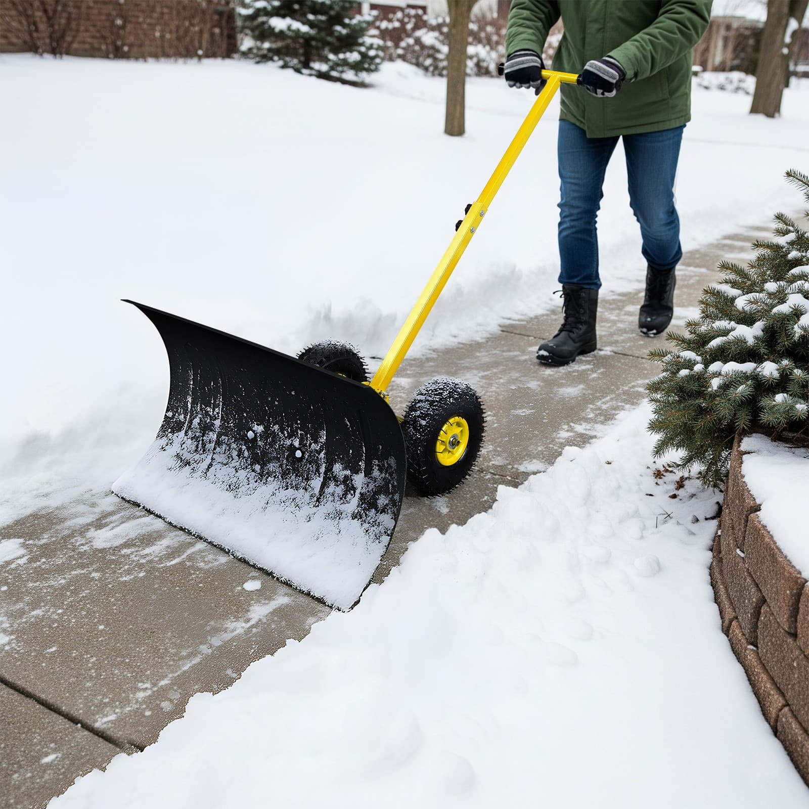 Heavy Duty Snow Shovel with Wheels Wheeled Snow Pusher Rolling Snow Removal Tool