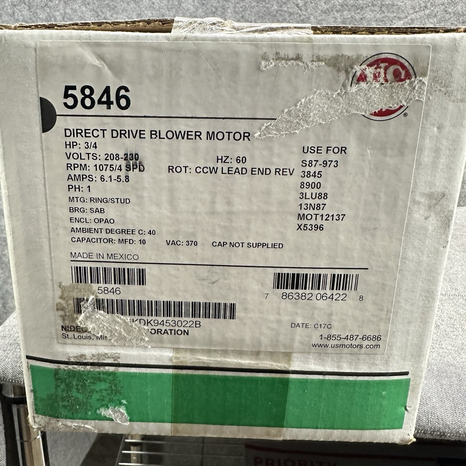 U.S. Motors Nidec 5846 Motor 3/4 Hp 1075 RPM Direct Drive Blower Furnace HVAC