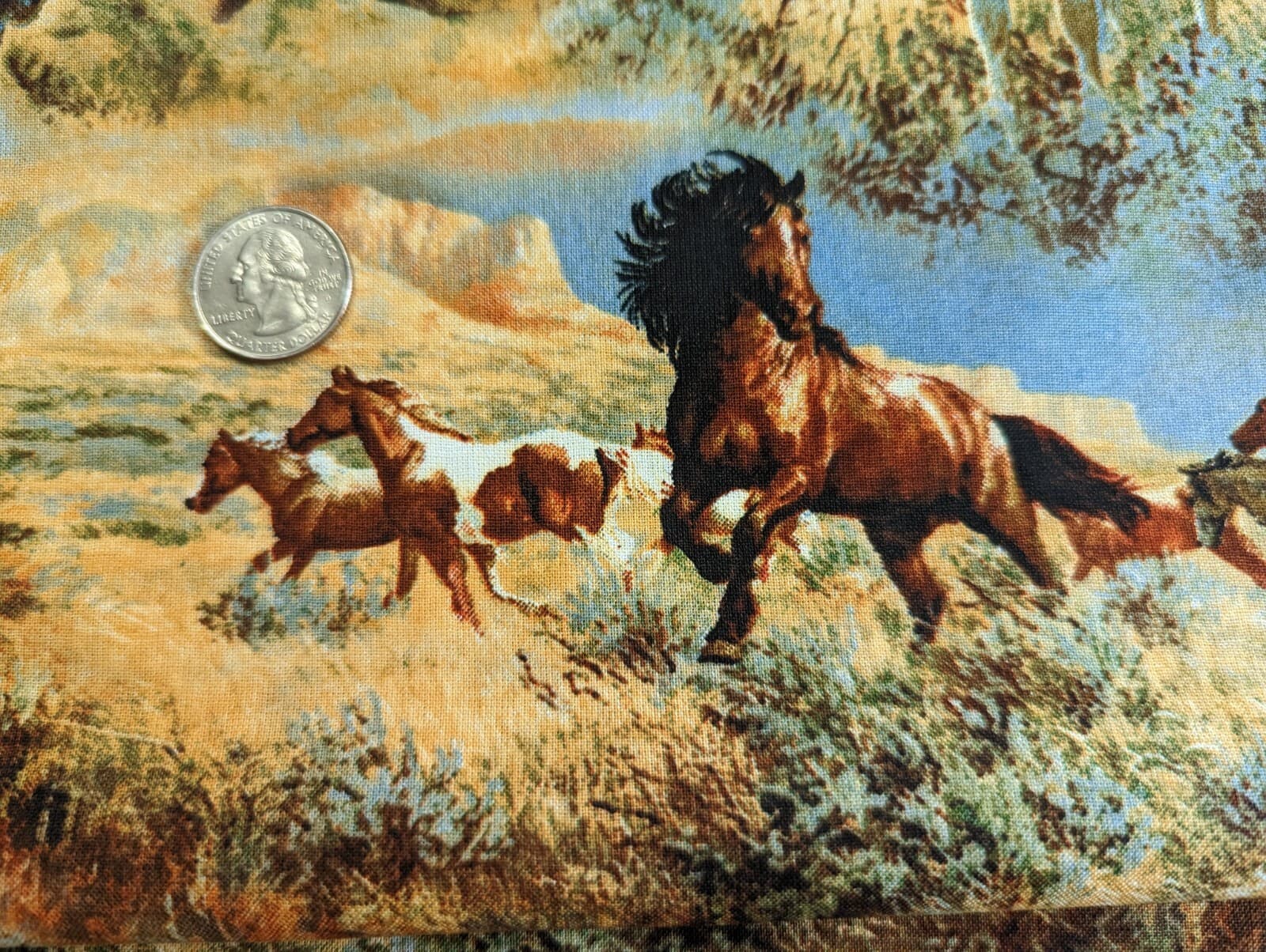 1Yd+15"/43" 100% Supima cotton woven Fab "Horses in the Prairies"-NOT TOSS- NEW