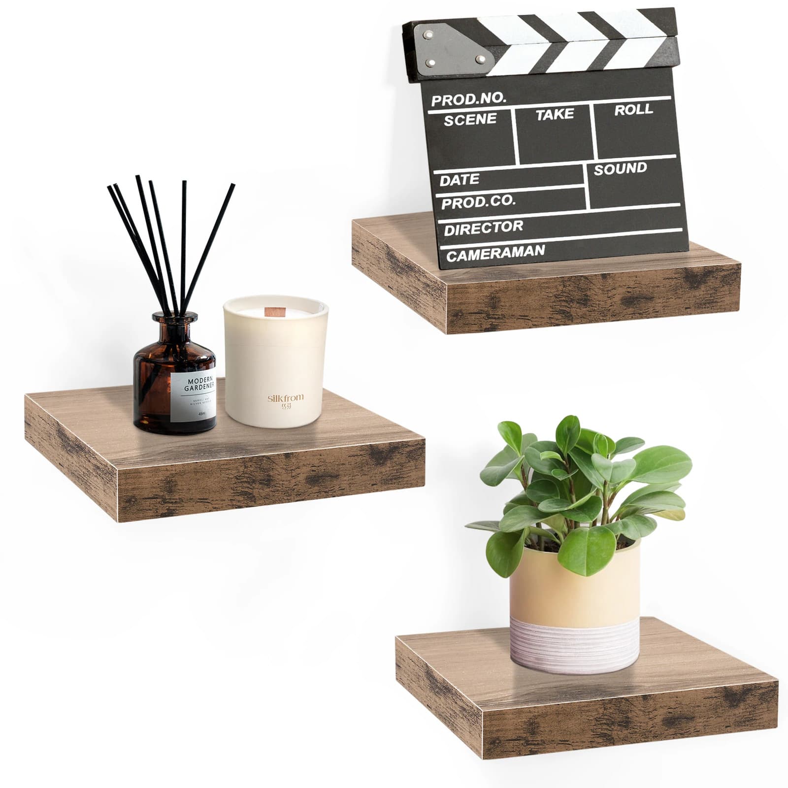3 Pack Square Mounted Floating Shelves - Rustic Wood Display
