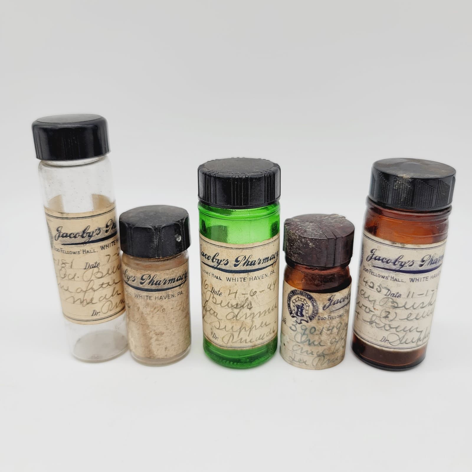 5 Vtg Glass Pharmacy RX Prescription Medication Pill Bottles 1940s Odd Fellows