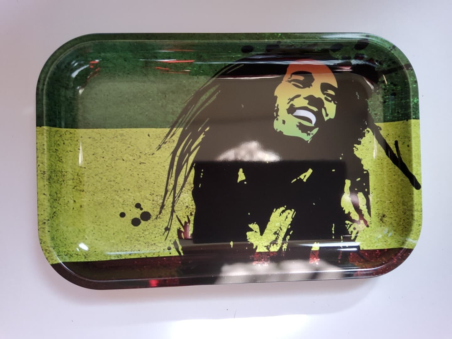 Premium Metal Rolling Tray (11" x 7") yellow and green Bob Marley Rasta