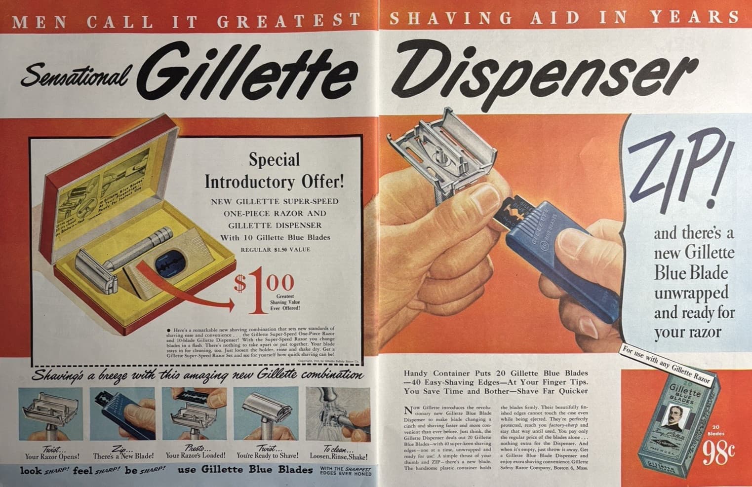 Gillette Dispenser Razor Blue Blades Shaving Men Coupon Super VTG Print Ad 1948