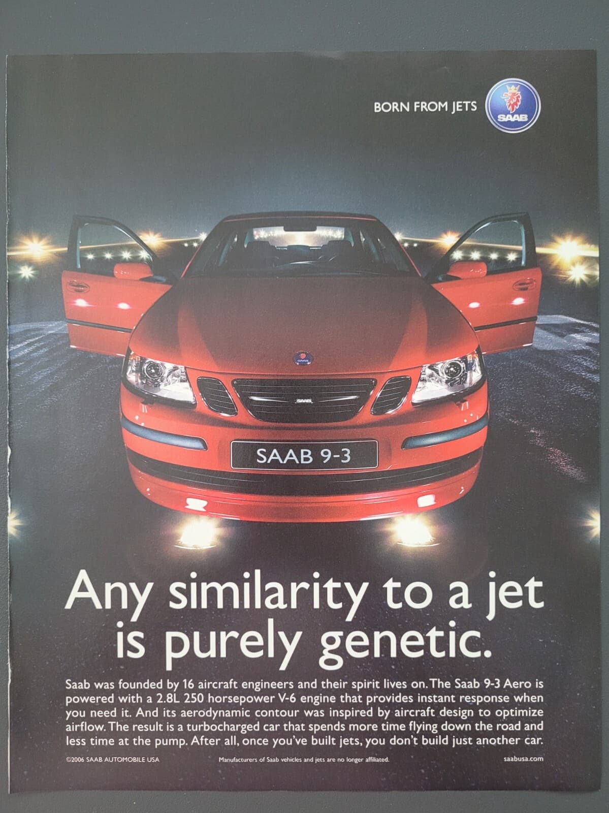 2006 PRINT AD SAAB 9-3 Aero "Similarity to a jet is purely genetic"