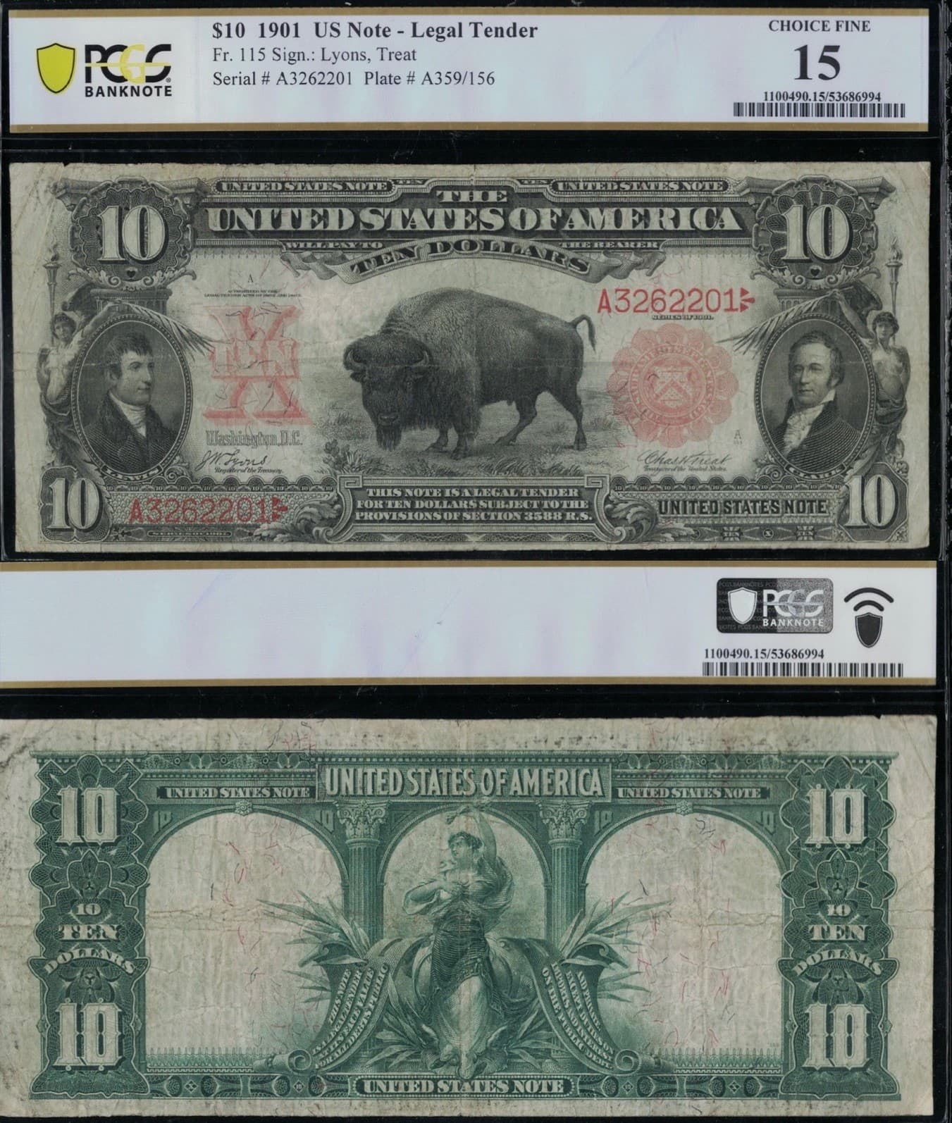 SC 1901 $10 Fr.115 Early Lyons|Roberts Sig. Legal Tender “Bison” PCGS 15 (201)