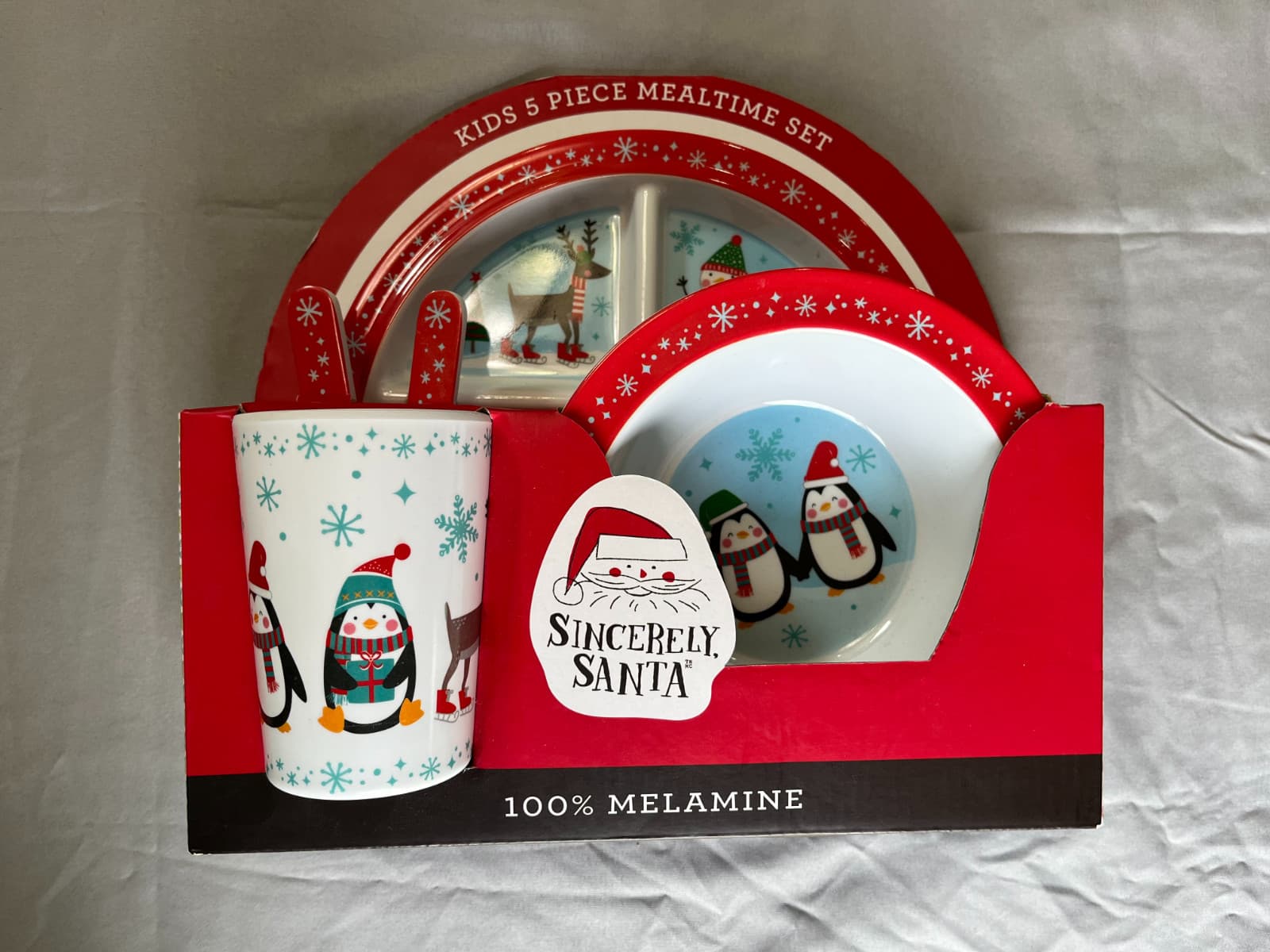 Sincerely Santa Kids 5 Piece Mealtime Set 100% melamine, santa snowmen penguins
