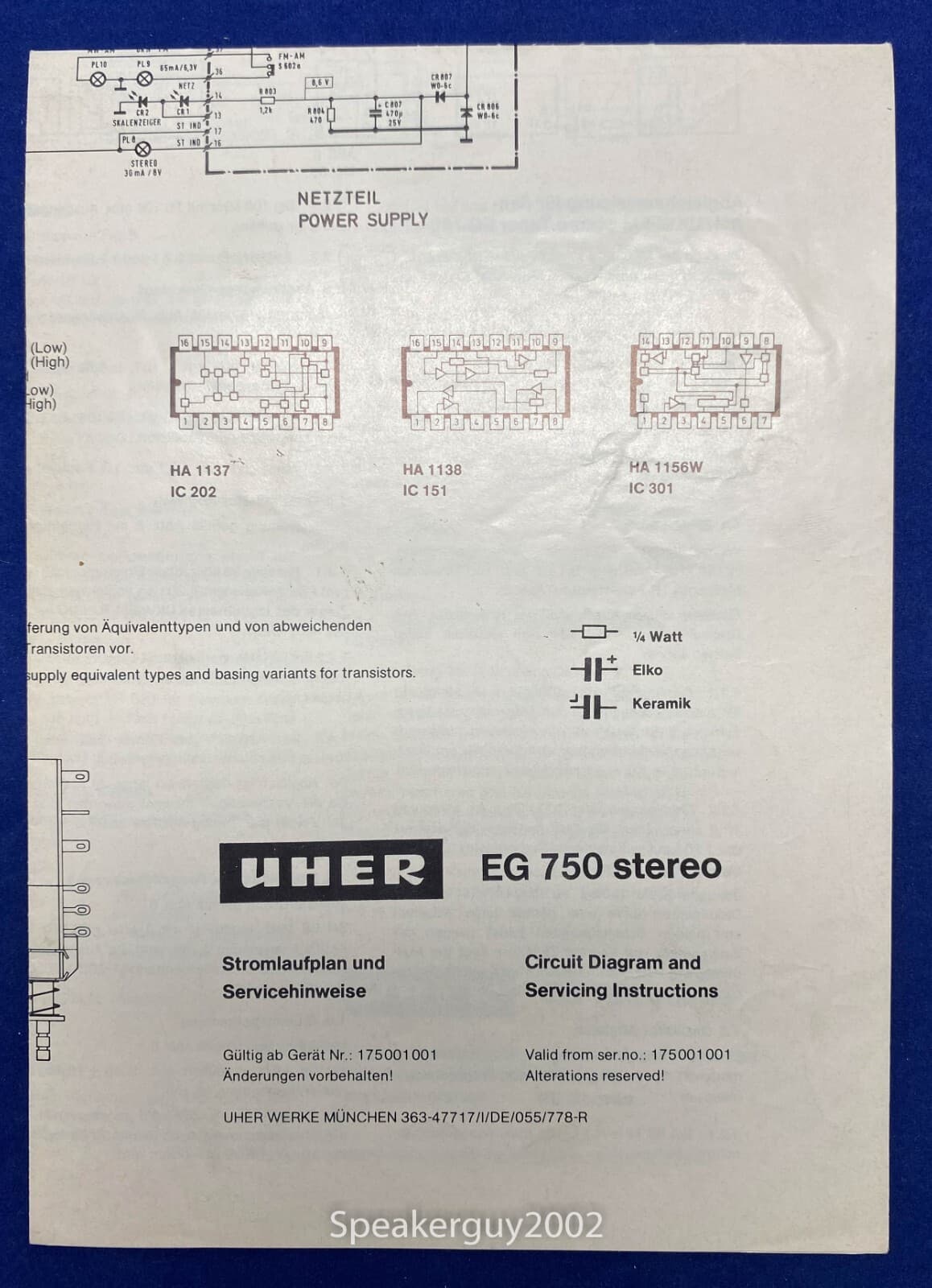 Original UHER Foldout Schematic / EG 750 Stereo