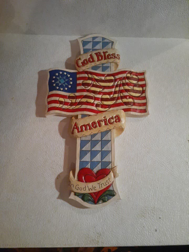 Jim Shore God Bless America Cross Wall Plaque 12"