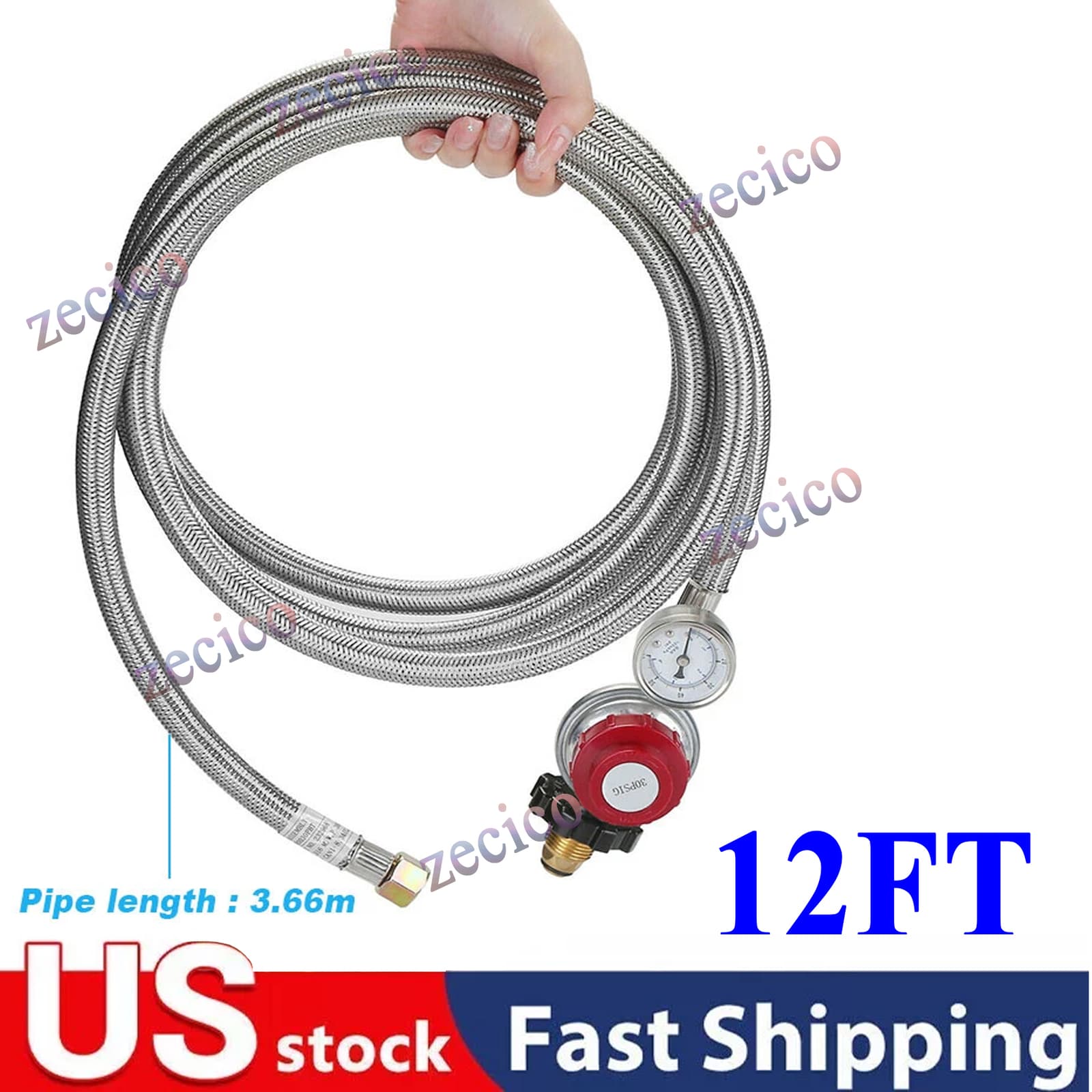 12FT Propane Gas Regulator Braided Hose Indicator 1/8 MNPT 0-30PSI High Pressure
