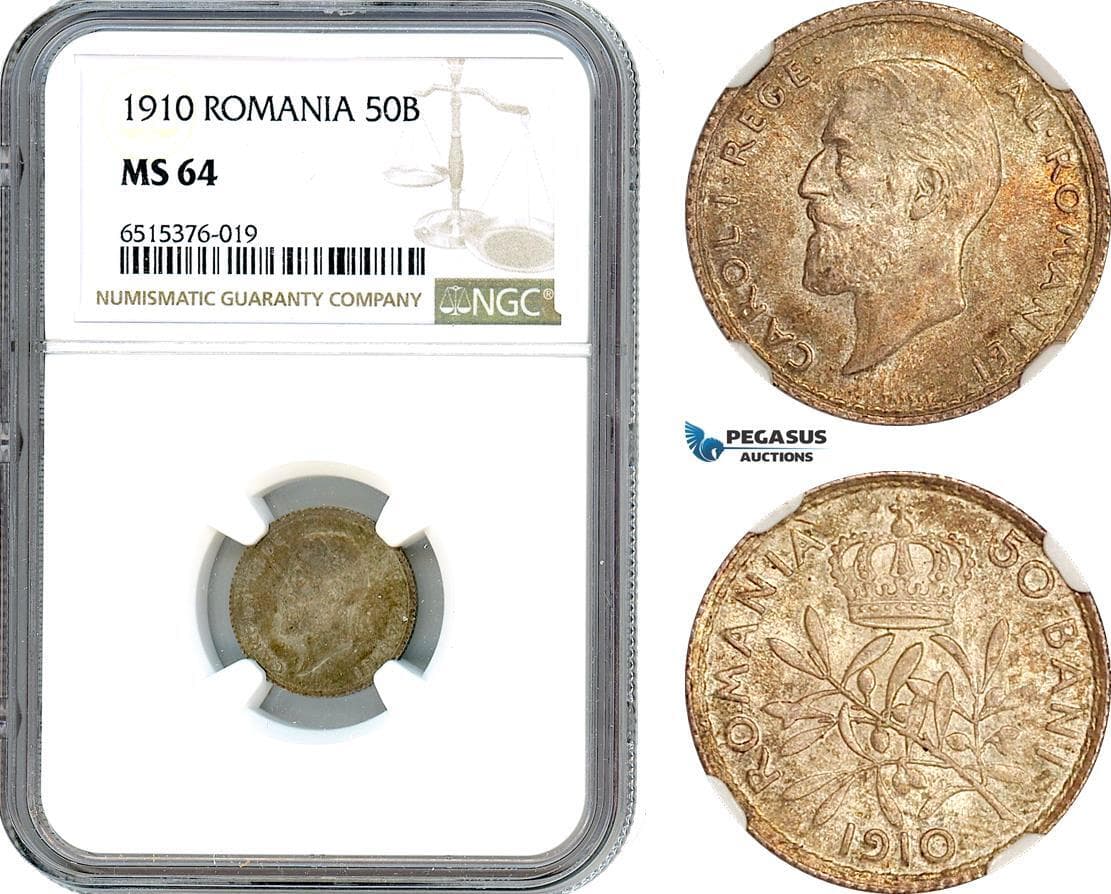 AI094, Romania, Carol I, 50 Bani 1910, Brussels Mint, Silver, NGC MS64