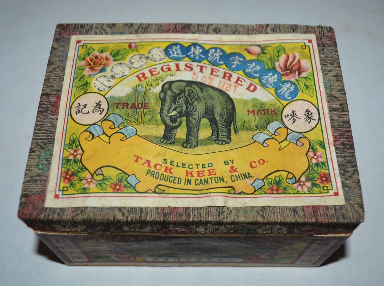 1940s Tack Kee Elephant Chinese Tea Box Hong Kong Canton China Fabric Lid Empty