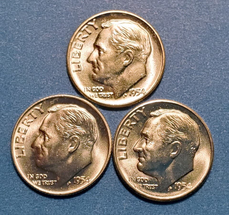 1954 PDS (3 coins) Roosevelt Dimes from original BU rolls - 44 Sold