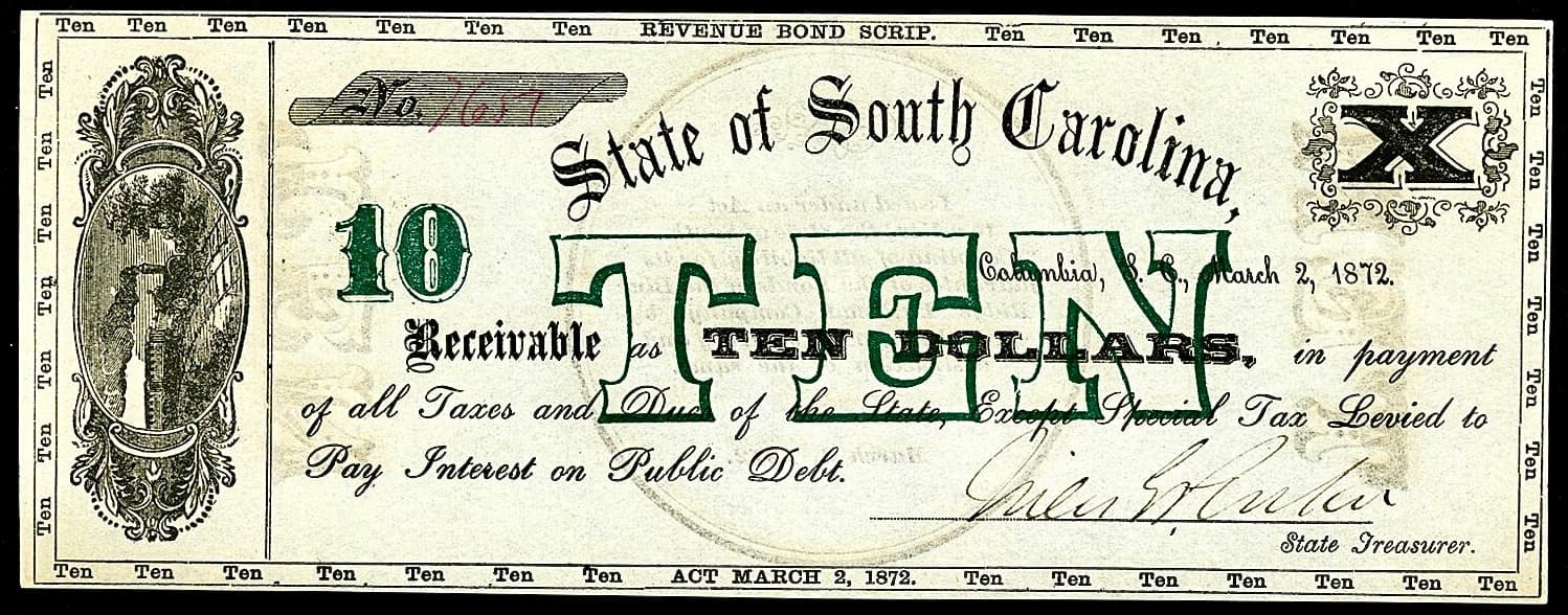 March 2, 1872 Columbia State Of South Carolina $10 Revenue Bond Scrip Obsolete