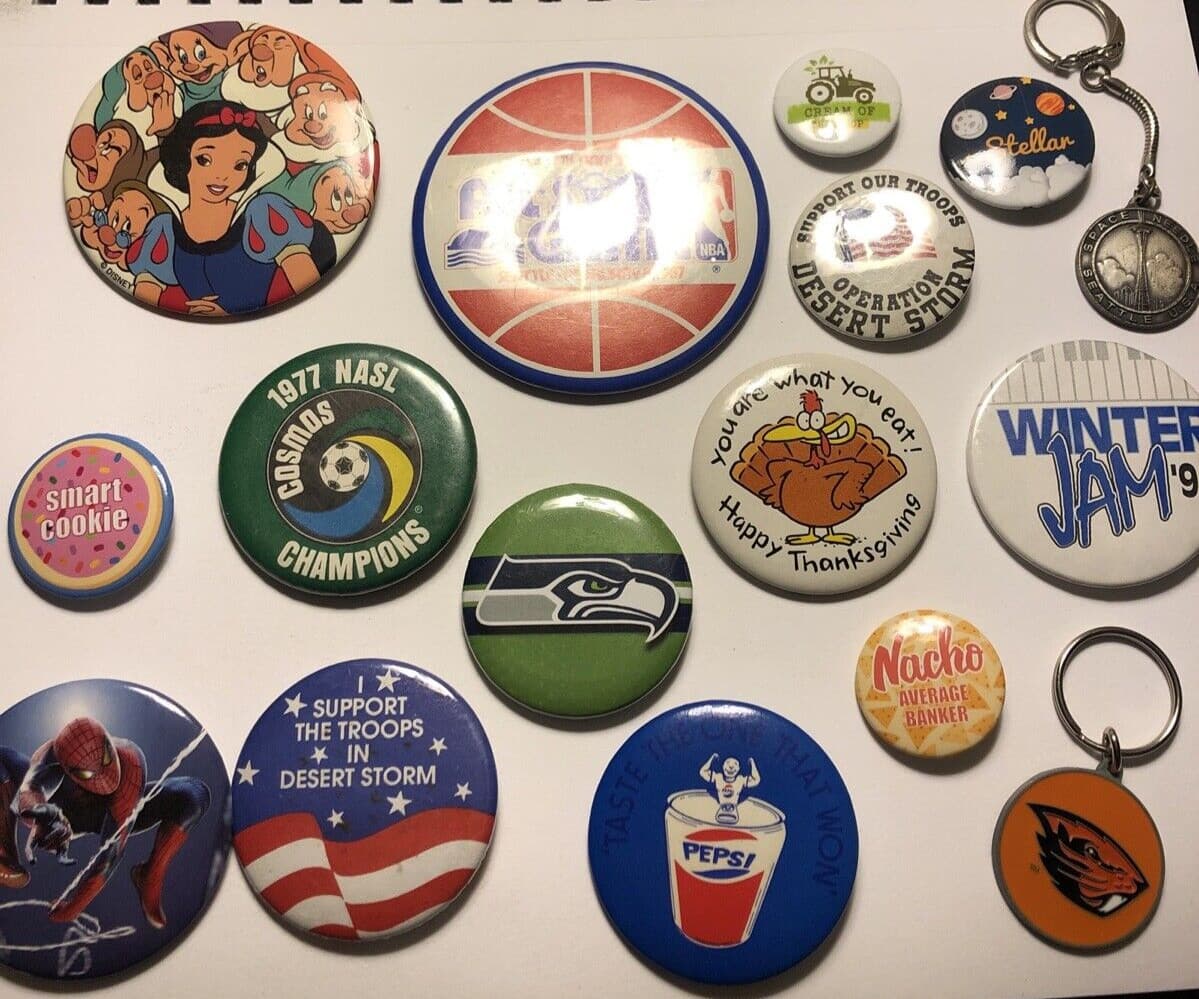 Pins Buttons Vintage To Now Lot As Is, As Seen, Seattle Pepsi Disney Spider-Man