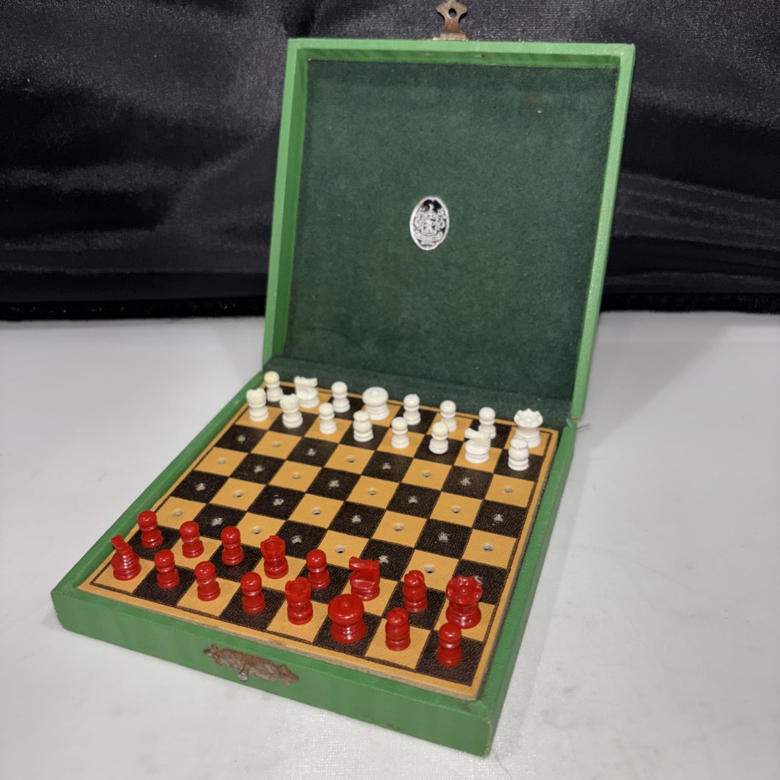 Vintage Mini Travel Chess Set Folding Wood Board Box 4” M.T. Bird Co. Boston