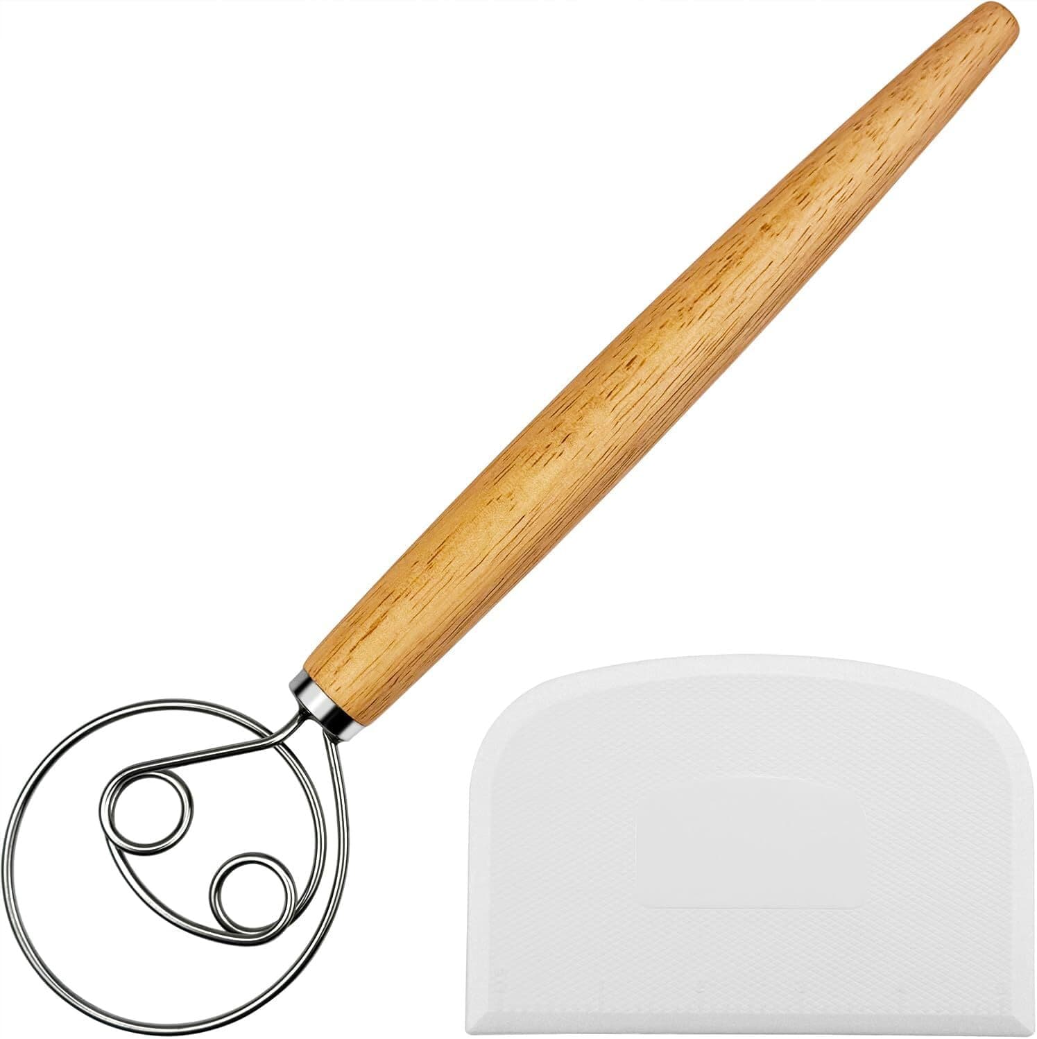 13-Inch Danish Dough Whisk and Scraper, Wooden Danish Whisks for Dough with