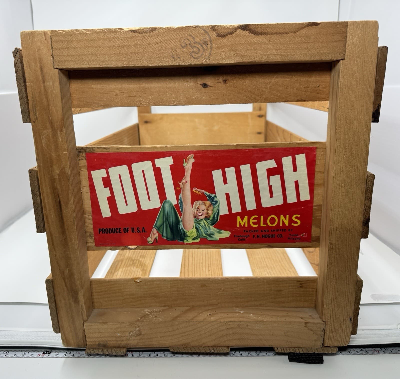 VINTAGE Foot High Melons Girlie Fruit Crate Man Cave Farm House Advertising