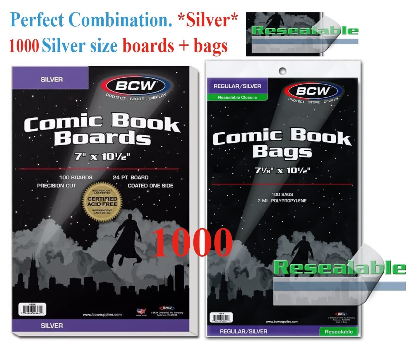 1000 BCW Silver Era Comic Book RESEALABLE Bags Sleeves + Back Boards 7 x 10 1/2"