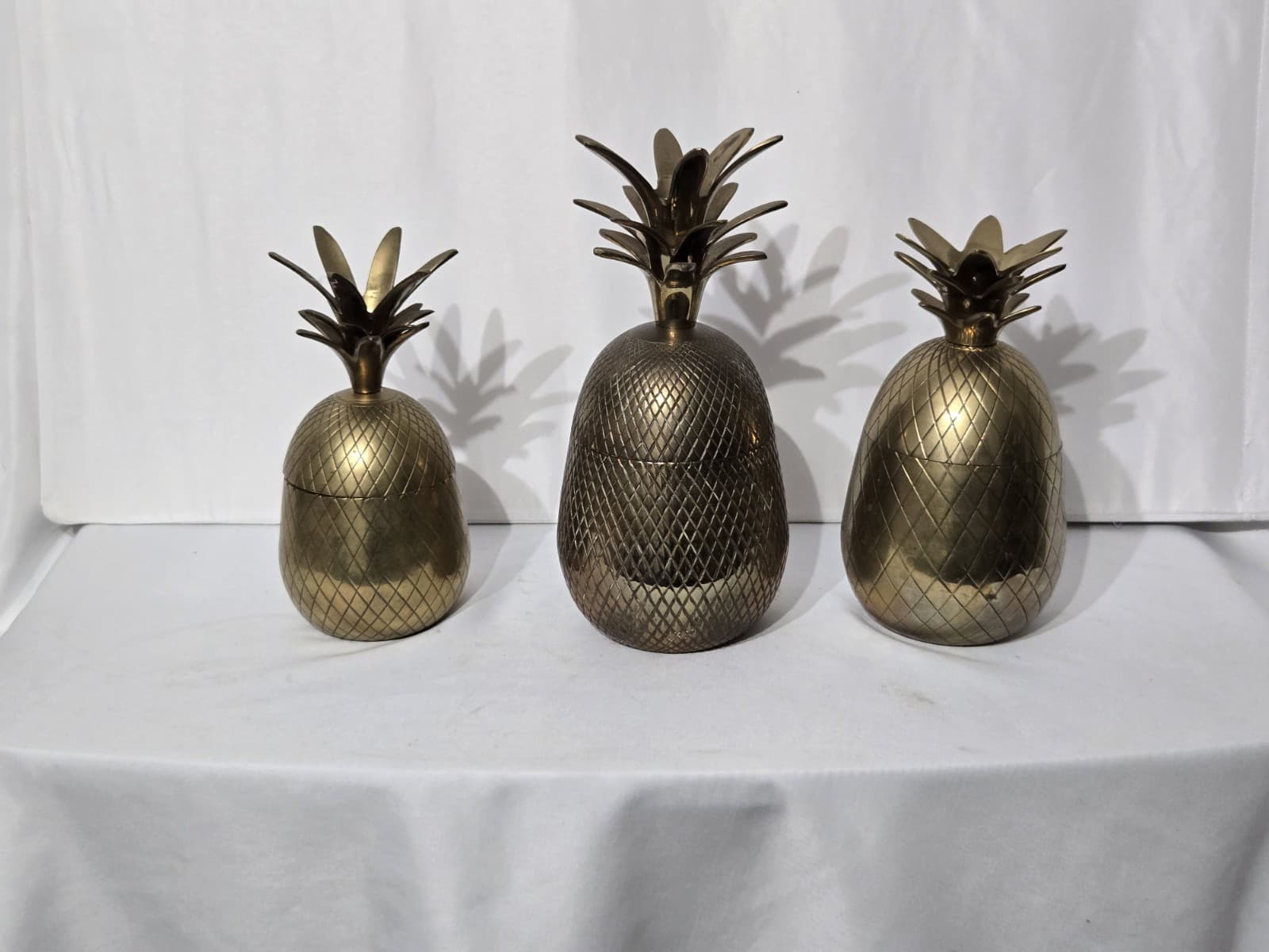 3 Vintage Solid Brass Pineapple Trinket Box / Storage Containers 8"-10" Tall