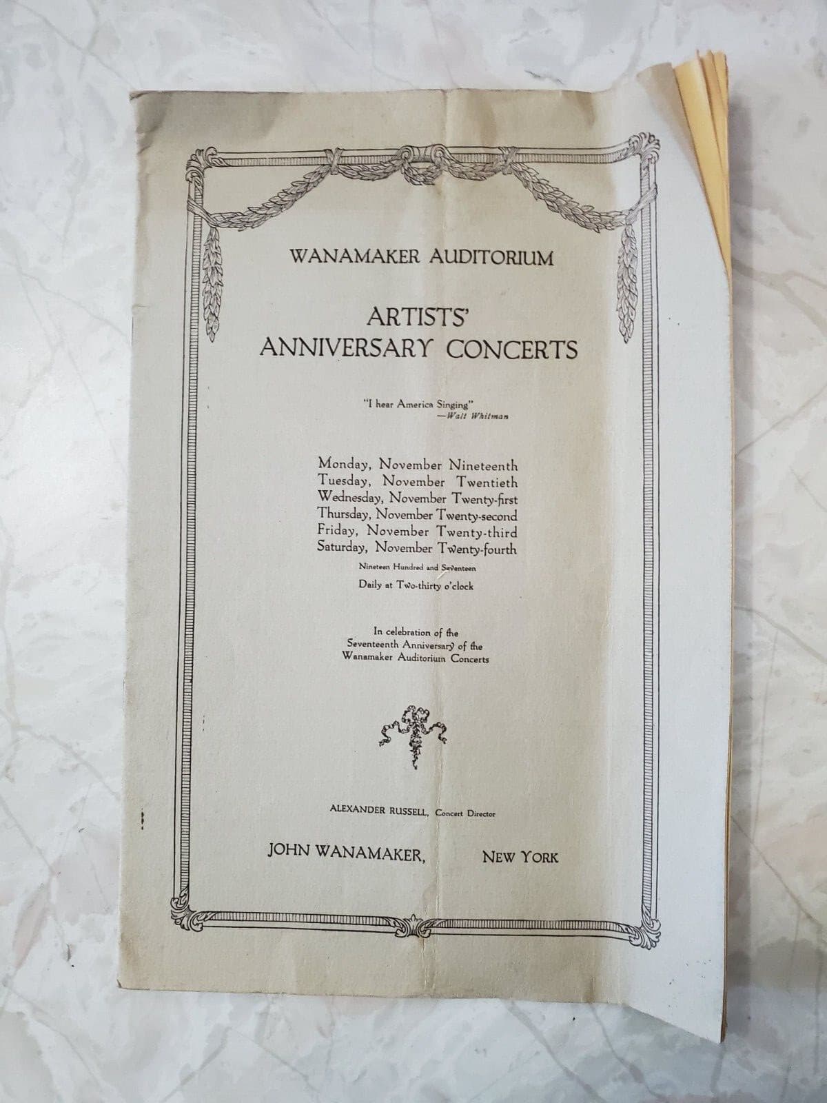 WANAMAKER AUDITORIUM NYC Artists Anniversary Concerts Program Broadway 1917
