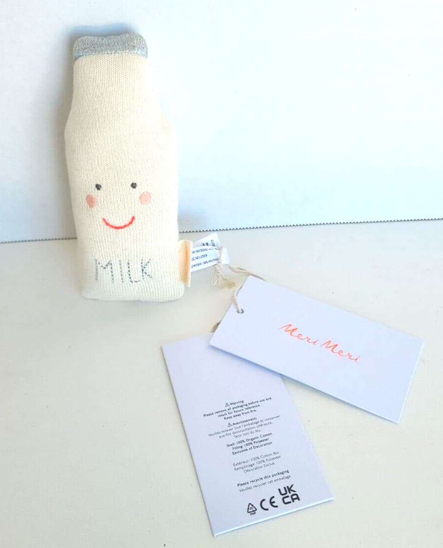 Meri Meri Milk Baby Rattle Toy Unisex Boy Or Girl Organic Cotton Handcrafted NWT