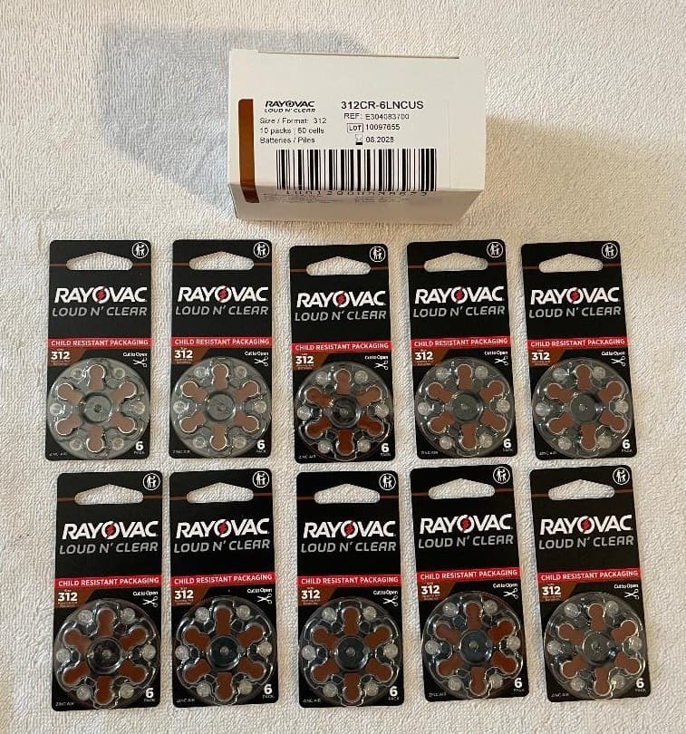 10 Packs 60 Cells Rayovac Loud n' Clear Hearing Aid Batteries Size 312CR-6LNCUS