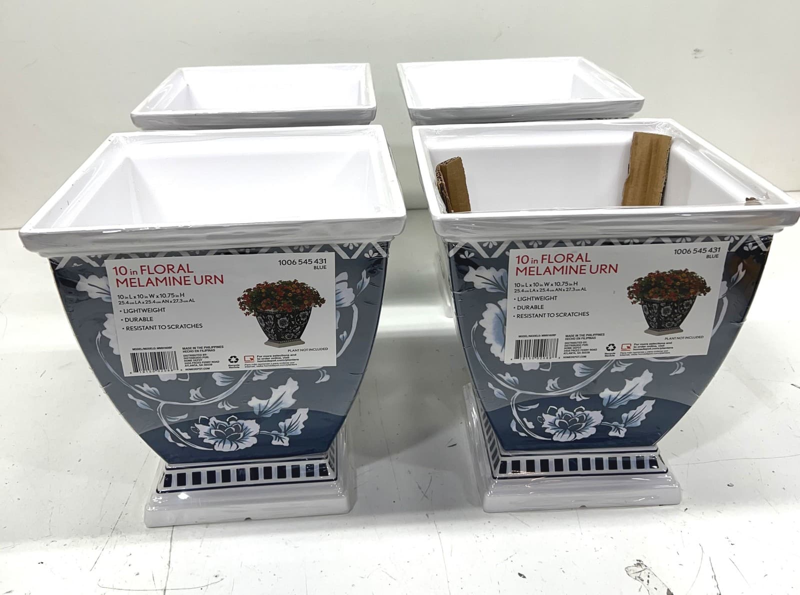 LOT OF (4) 10 in. Square Blue Flowering Vine Melamine Urn Planter New