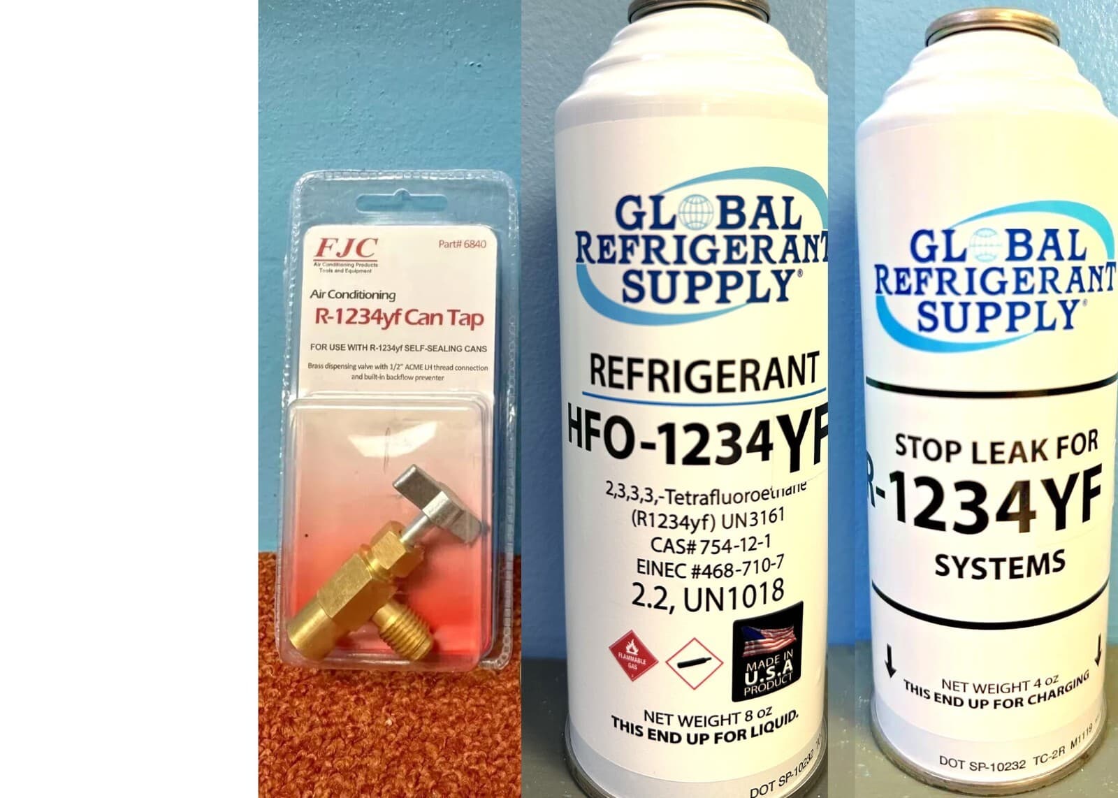 Refrigerant HFO-1234yf, Auto A/C, 8 oz Self Sealing Unique Fitting KIT# YFSL