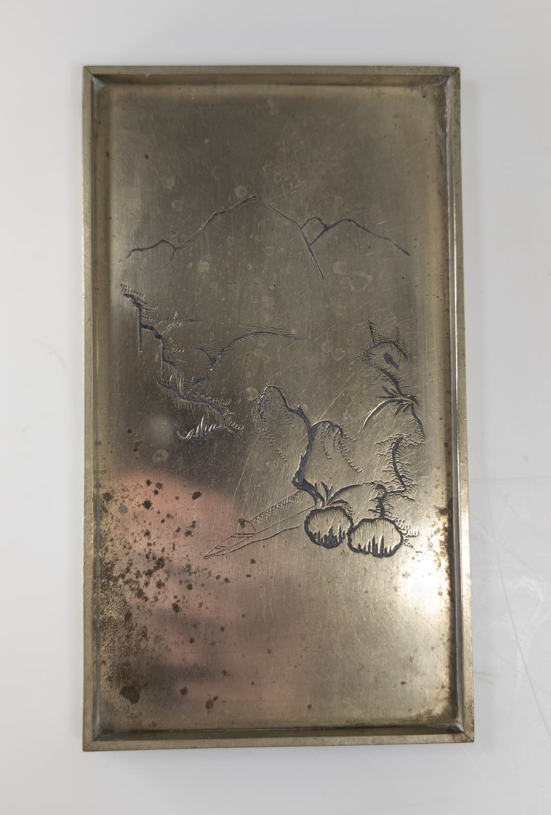 Antique Chinese Engraved Paktong Card Tray with Landscape with Trees