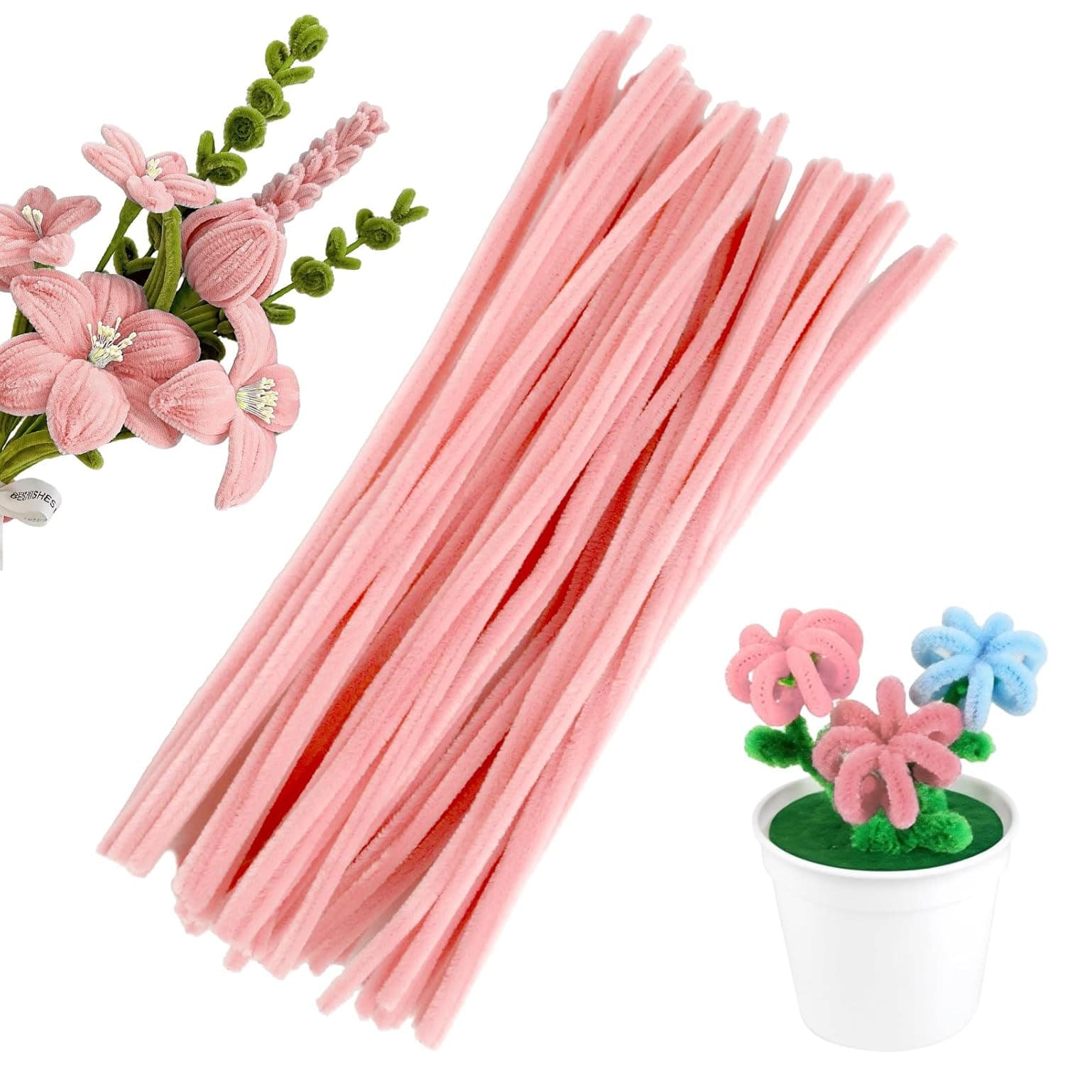 100PCS Pink Pipe Cleaners, Light Pink Pipe Cleaner Chenille Stem for Flower Craf