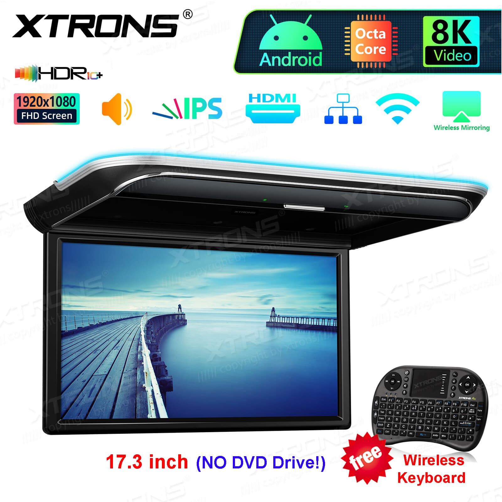 17.3" Android 32GB Car Roof Overhead Monitor TV HDMI WiFi IPS Screen Mirror