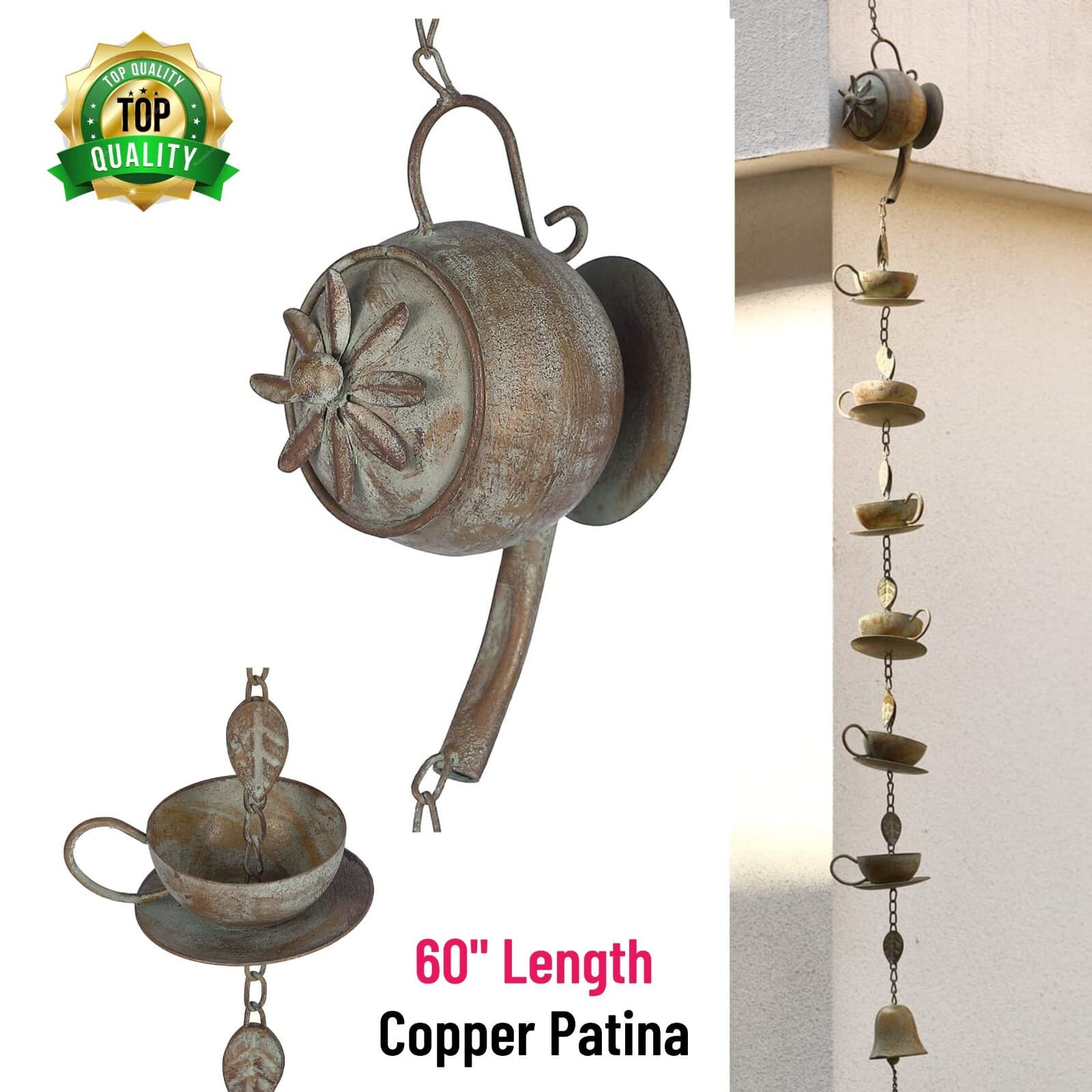 Teapot & Cups Rain Chain w/ Bell Chime Antique Patina Outdoor Garden Lawn Decor