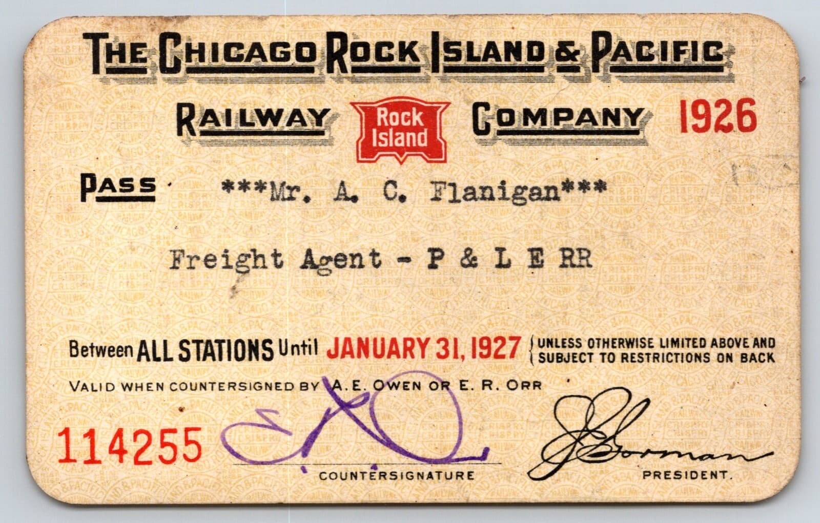 1926 Chicago Rock Island & Pacific Railway Employee "Flanigan" Railroad Pass