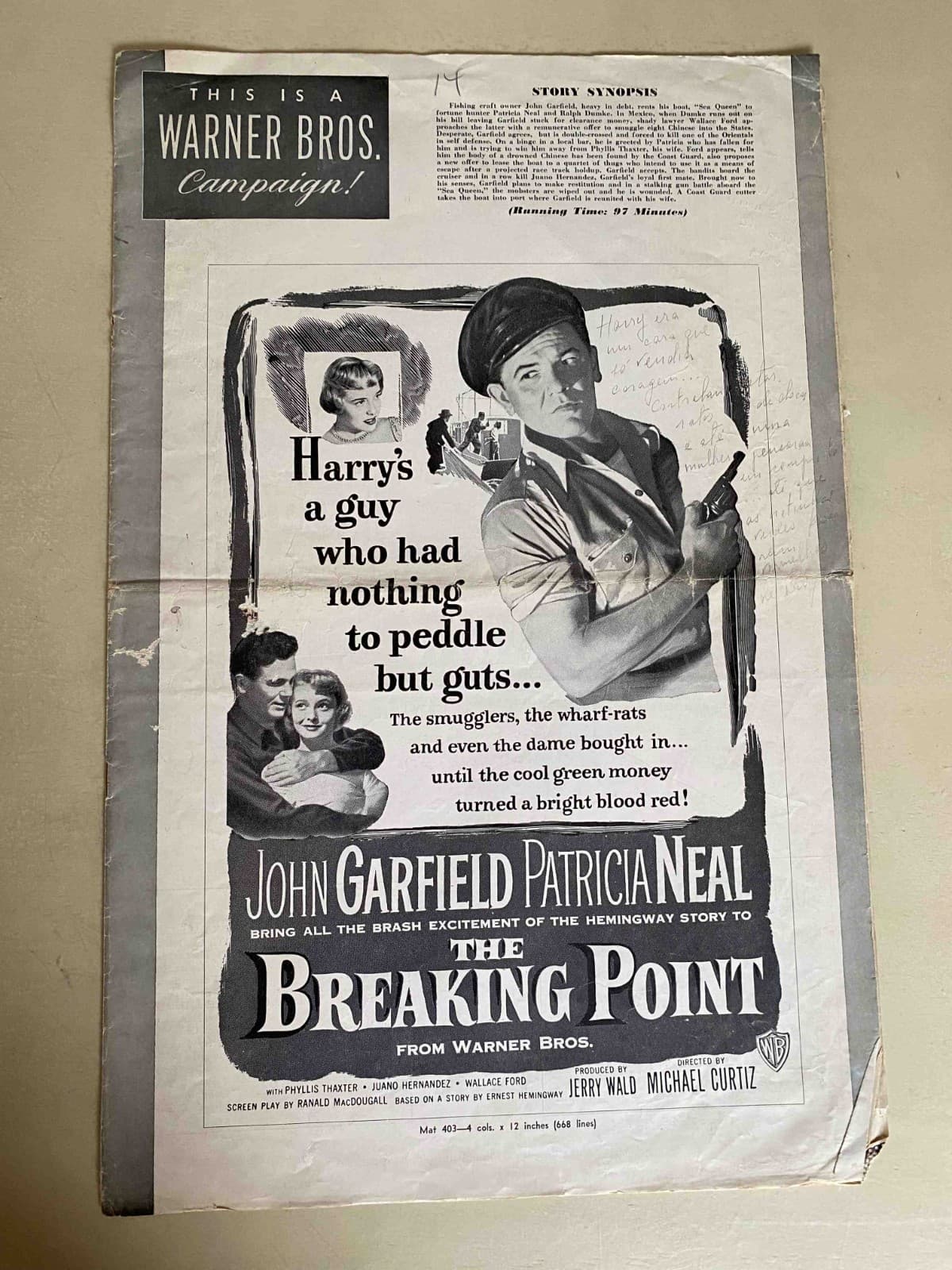 The Breaking Point Pressbook 1950 John Garfield, Patricia Neal, Hemingway!