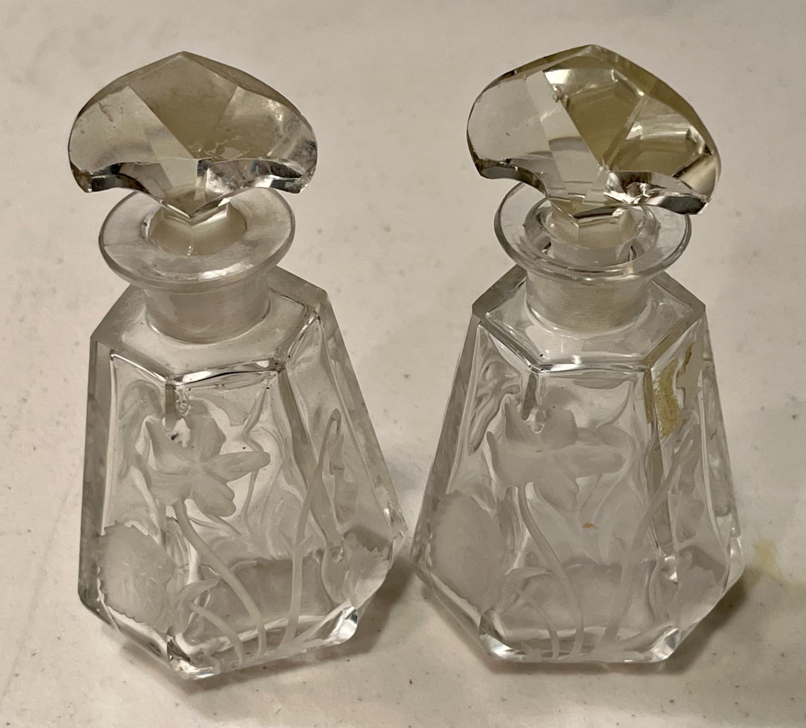 Antique Czechoslovakia Crystal Floral Etched Scent Perfume Cologne Bottle - Pair
